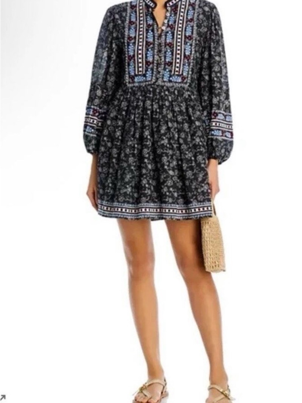 Sea Boho Black Printed Long-Sleeve Mini Dress